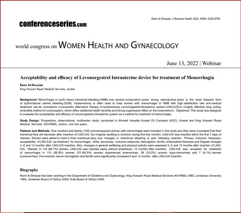 Acceptability and efficacy of Levonorgestrel Intrauterine device for treatment of Menorrhagia