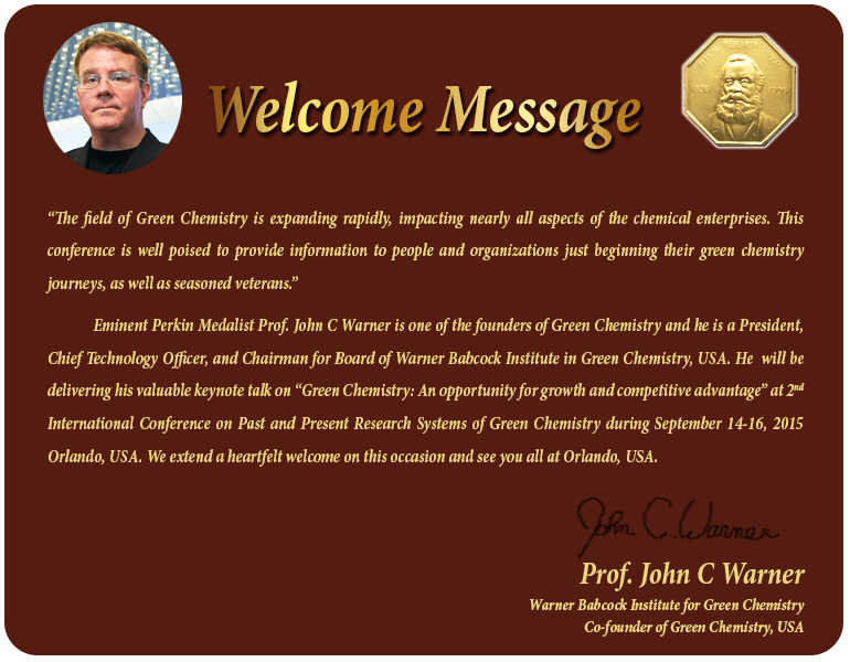 Welcome Message for Green Chemistry-2015 International Conference